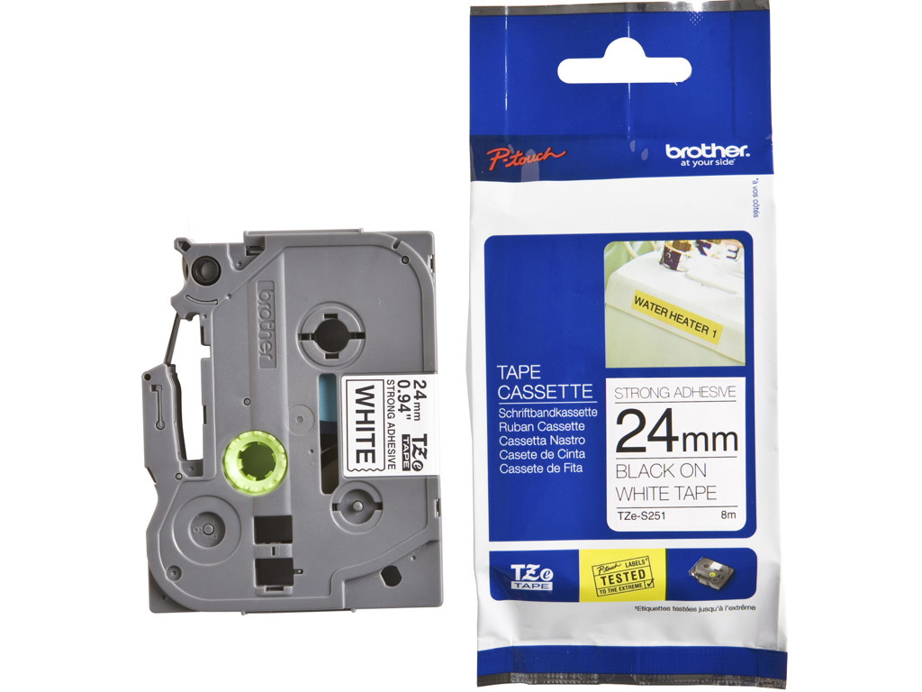 Brother tape TZeS251 24mm sort/hvid stærkt klæbende