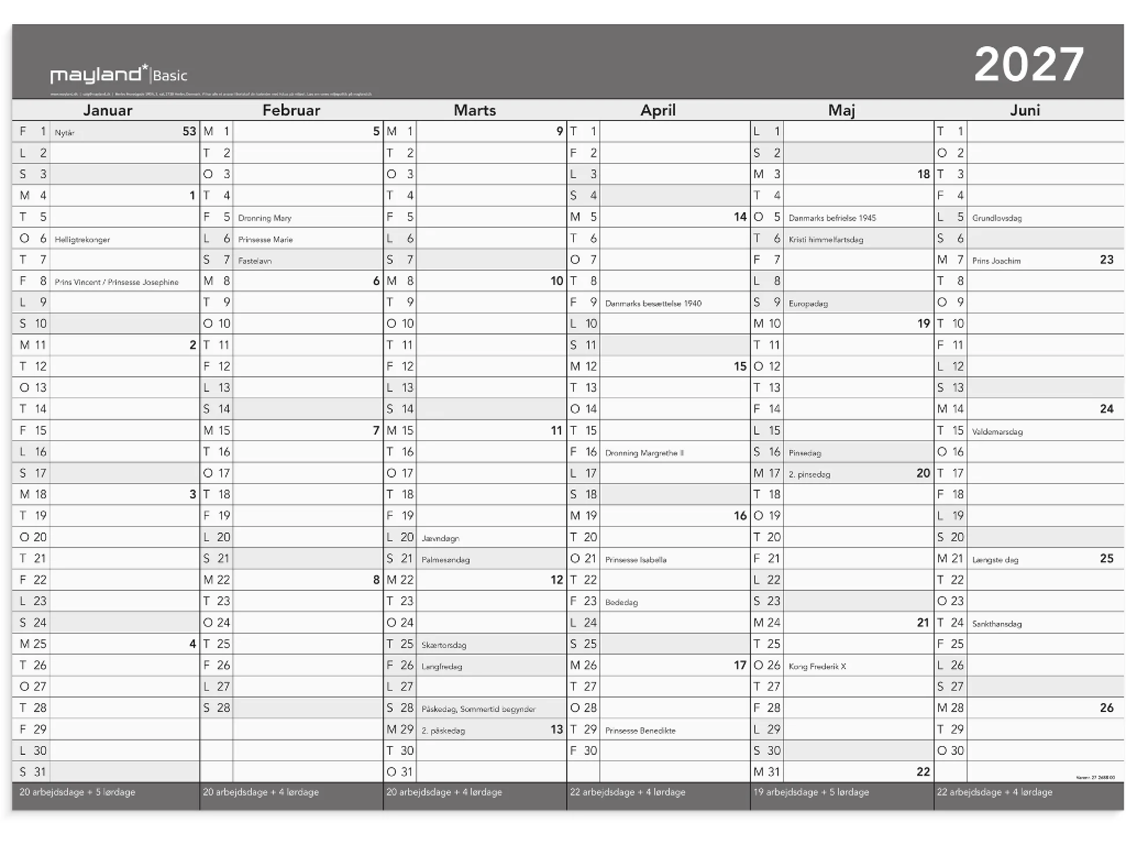 Basic kontorkalender m/whiteboard-funktion A2 2027
