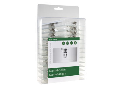 Navneskilt 40x75mm m/clips og nål 50 stk.