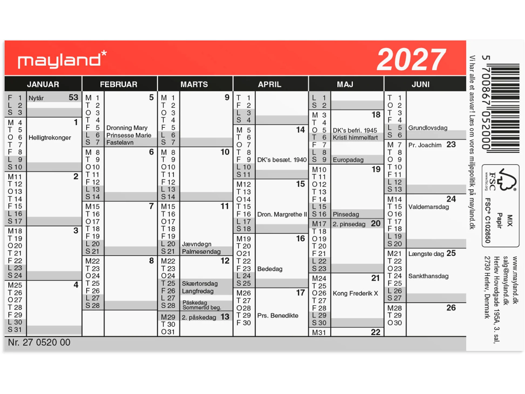 Mini kalender 2027