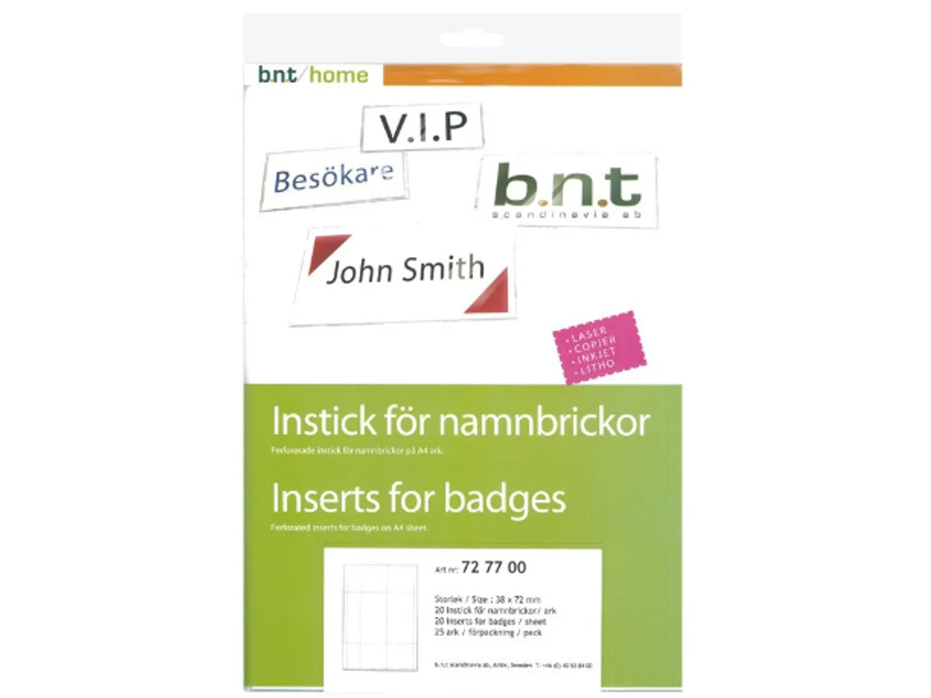 Indstik til navneskilt 40x75mm 25 ark BNT