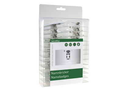 Navneskilt 40x75mm m/clips og nål 50 stk.