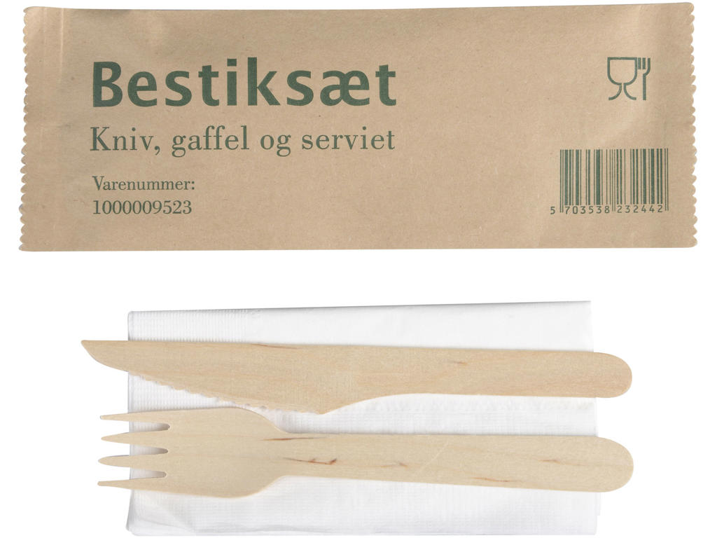 Bestiksæt birketræ 16 cm kniv/gaffel/serviet 400 sæt