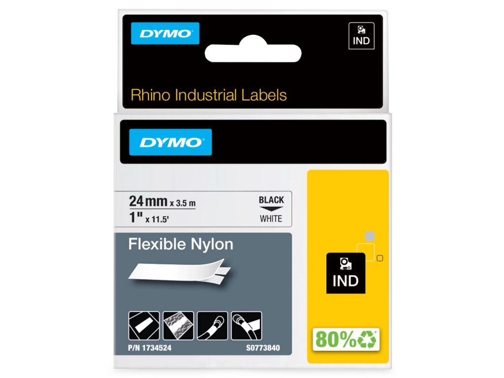 Dymo tape Rhino 24mm nylon flex sort/hvid 1734524