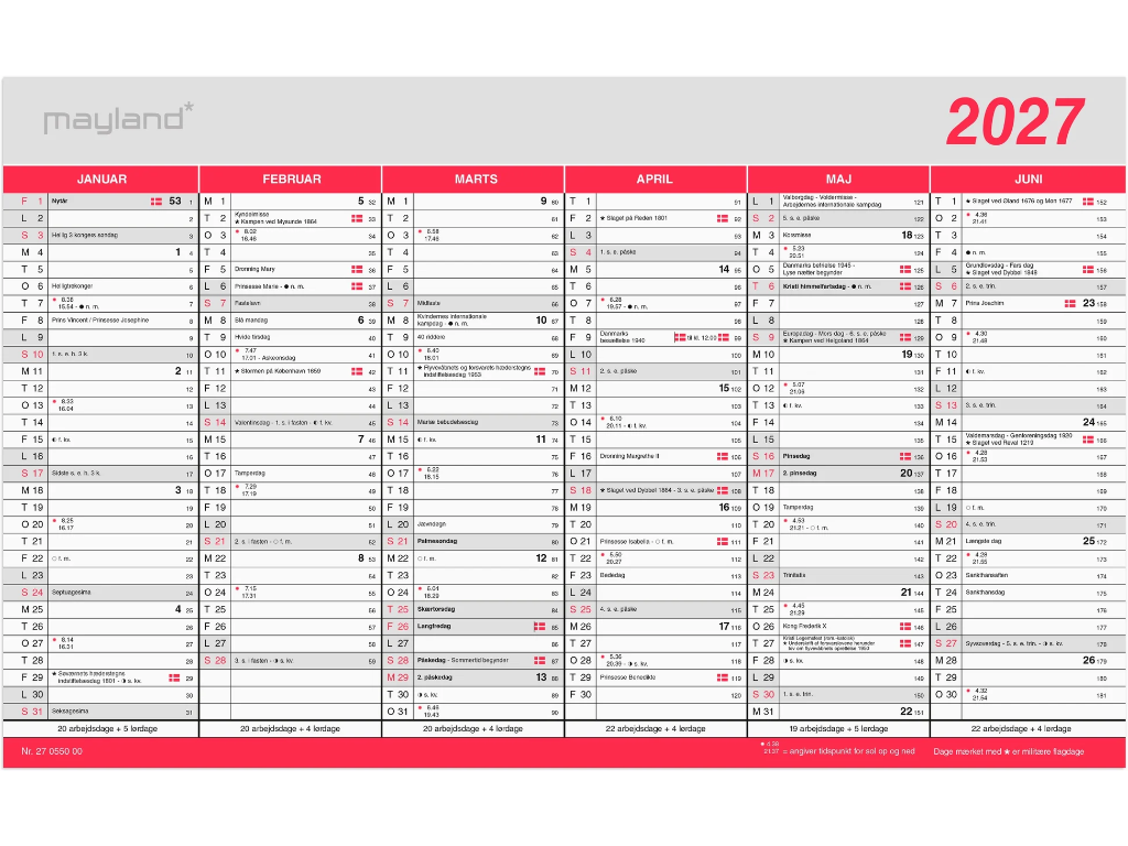 Kontorkalender Stor m/flagdage 2027