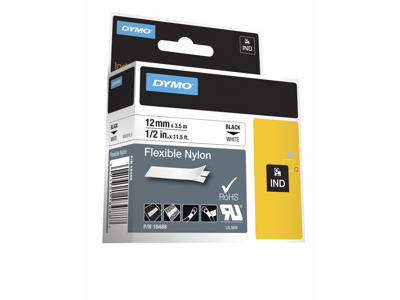 Dymo tape Rhino 12mm nylon flex sort/hvid 18488