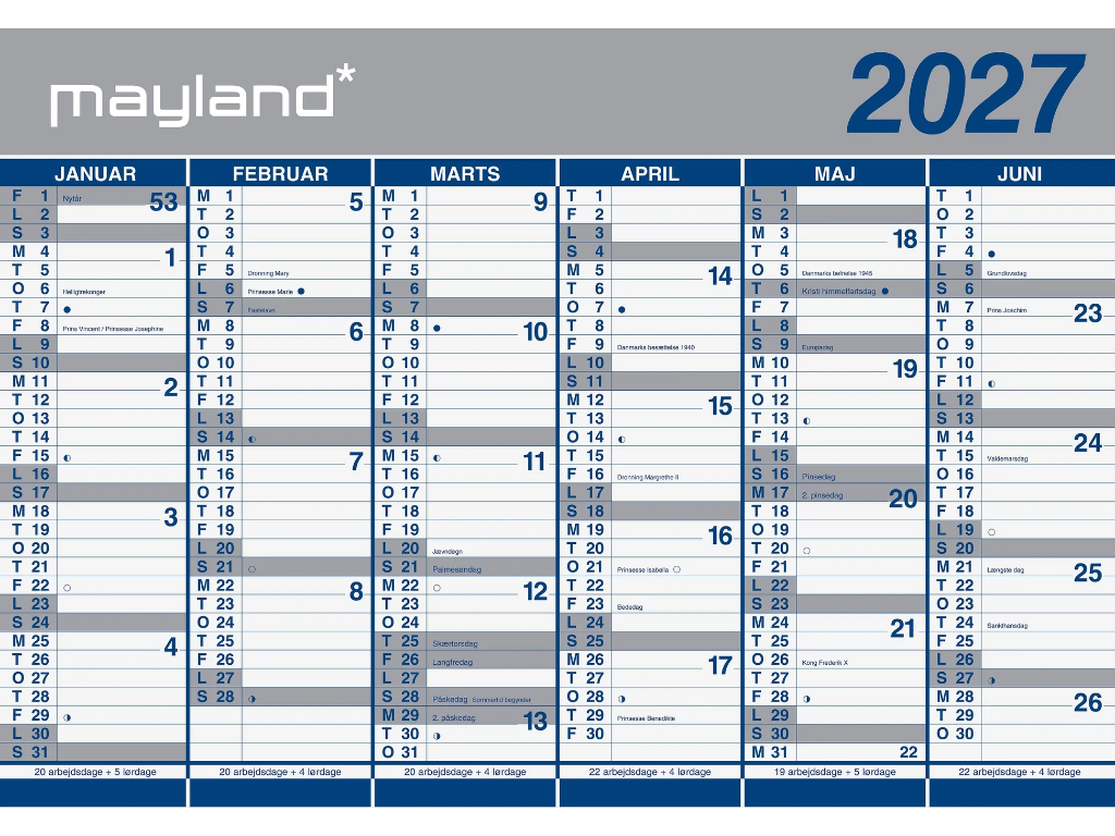 Kæmpekalender 2x6 mdr. papir 2027 (i paprør)