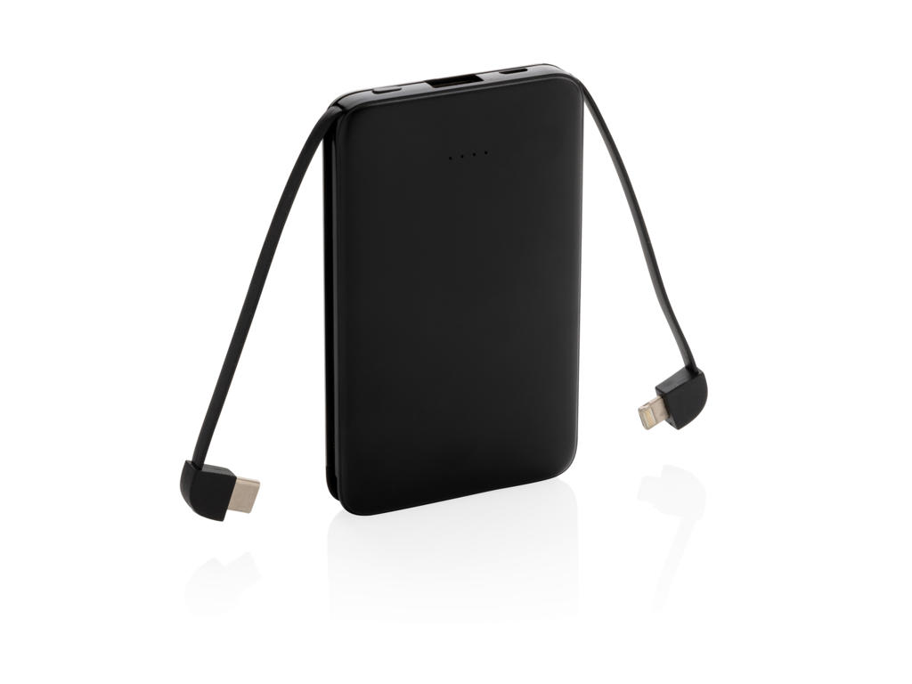 5.000 mAh lomme powerbank med integrerede kabler., sort