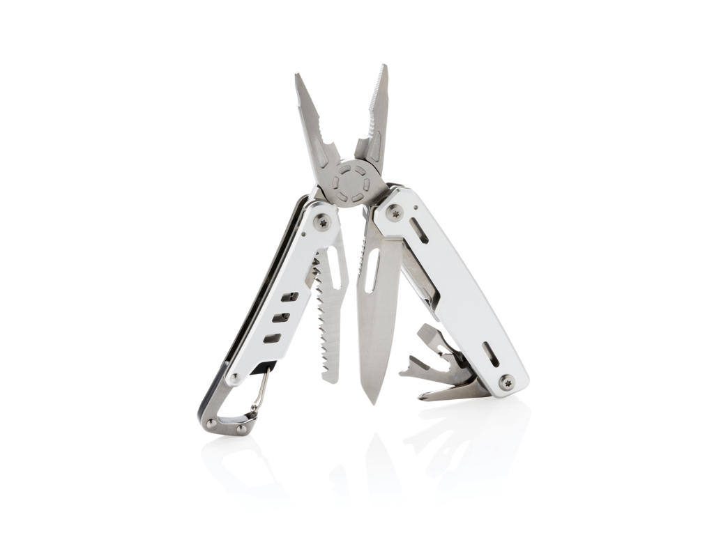 Solid multiværktøj med karabinhage, sølv