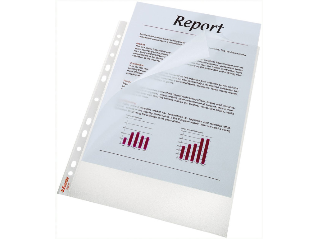 Plastlomme A4 Esselte 0,115 præg åben top+venstre 100 stk