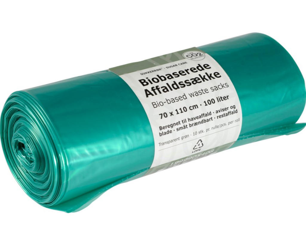 Biobaseret affaldssæk | 70x110 cm | 100 L | grøn | 40 mic | LDPE/sukkerrør | 10 stk