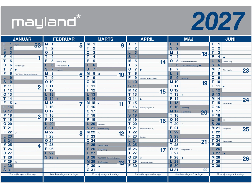 Kæmpekalender 2x6 mdr. papir 2027 (i plastpose)