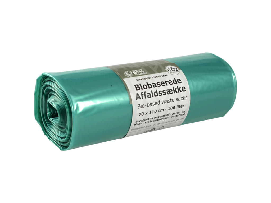 Biobaseret affaldssæk | 70x110 cm | 100 L | grøn | 40 mic | LDPE/sukkerrør | 10 stk