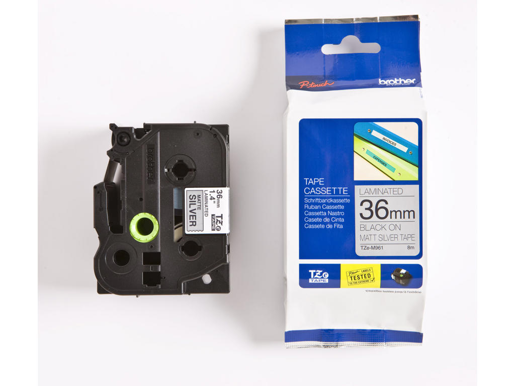 Brother tape TZEM961 36mm sort/sølv