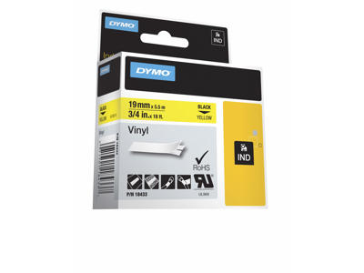Dymo tape Rhino 19mm vinyl sort/gul 18433