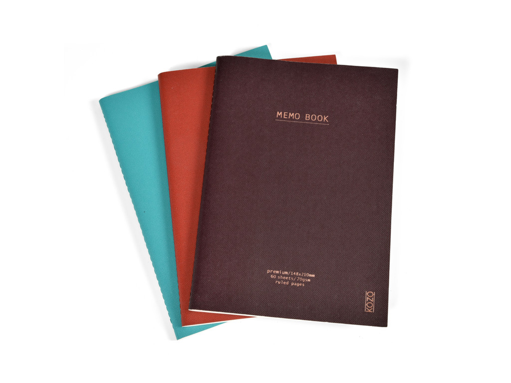 Notesbog KOZO A5 70 g linjeret 3 stk ass
