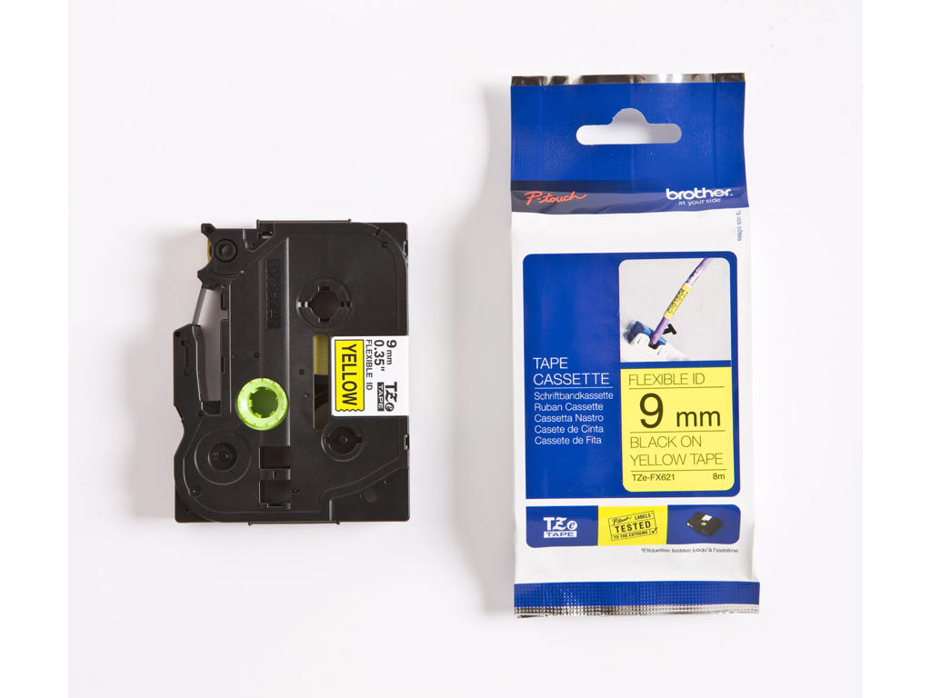 Brother tape TZeFX621 9mm sort/gul flexible 