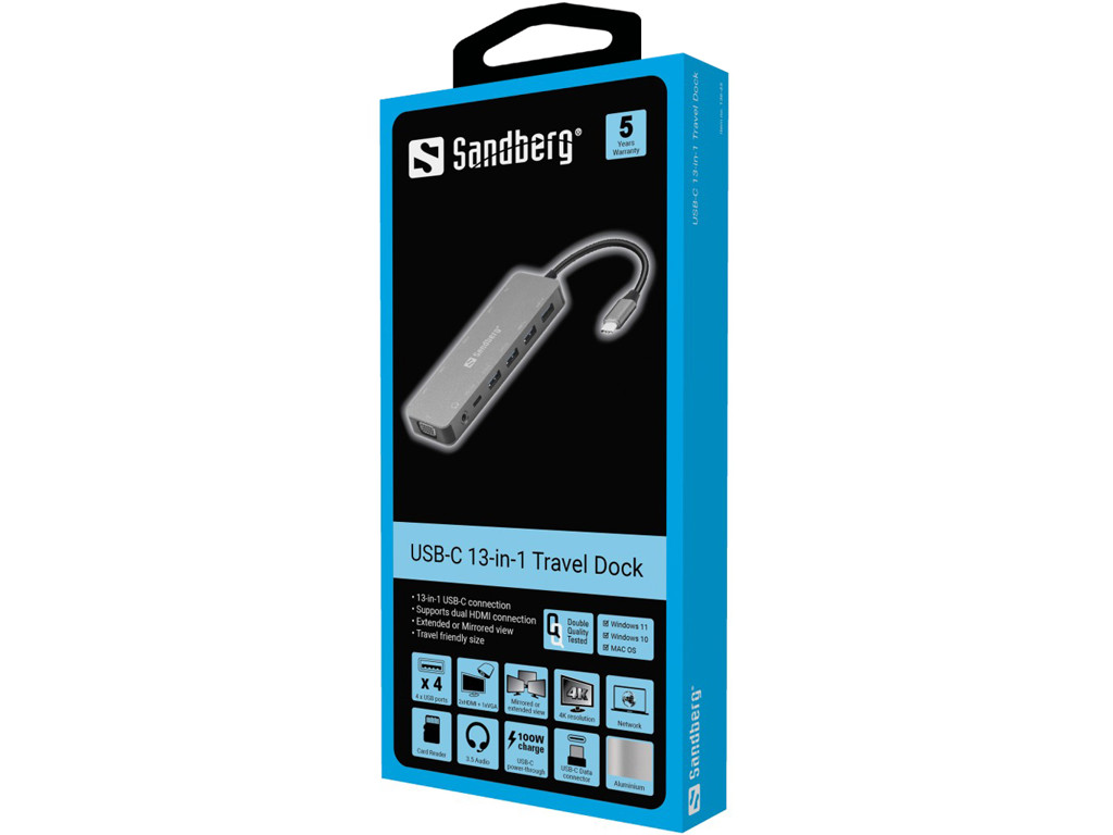 USB-C 13-in-1 Travel Dock. 4 x usb, 2 x hdmi, 1 x vga