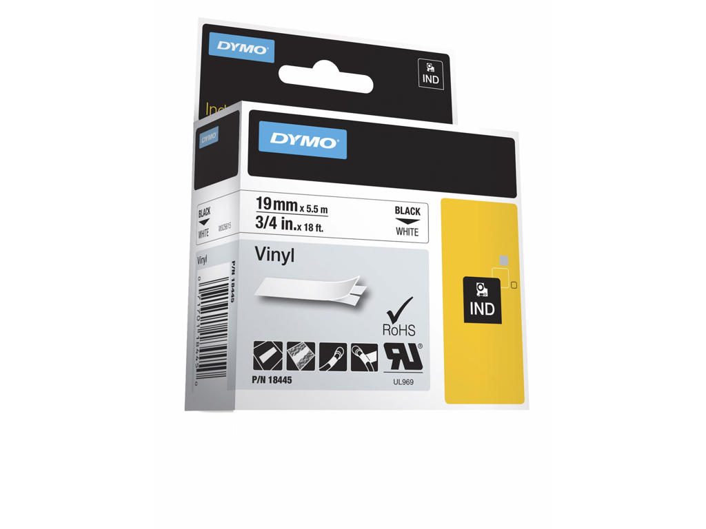 Dymo tape Rhino 19mm vinyl sort/hvid 18445