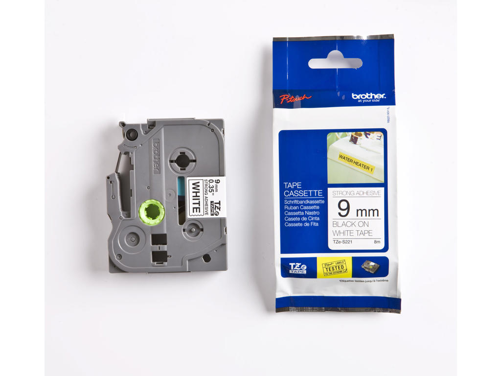 Brother tape TZeS221 9mm sort/hvid stærkt klæbende