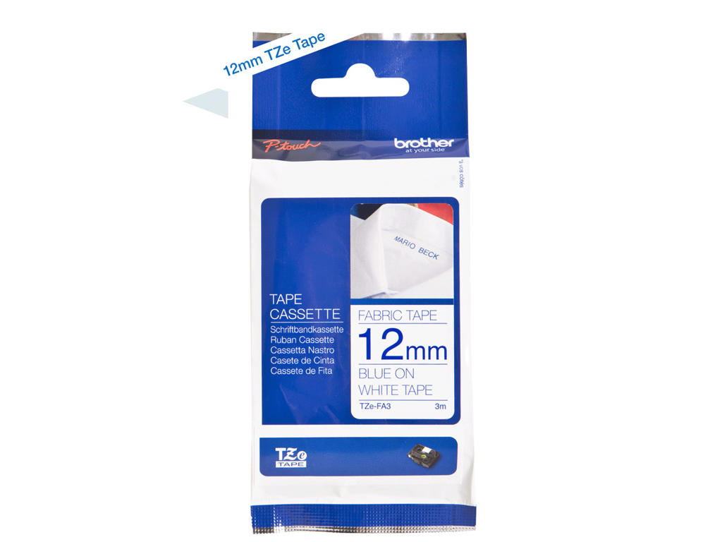 Brother tape TZeFA3 12mm blå/hvid stoftape 