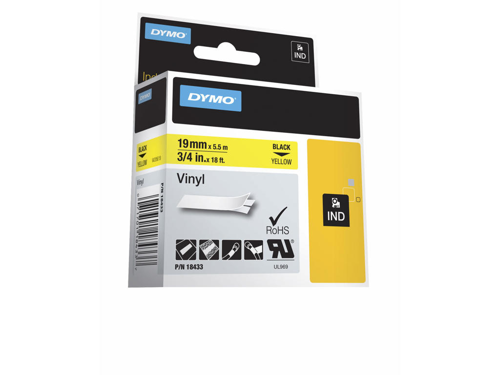 Dymo tape Rhino 19mm vinyl sort/gul 18433