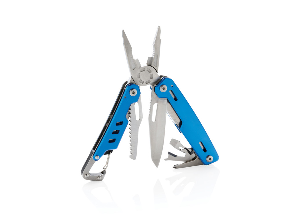 Solid multiværktøj med karabinhage, blå