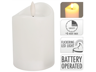 Bloklys LED 12,5 cm Ø7cm hvid med 3D flamme og timer 6/18