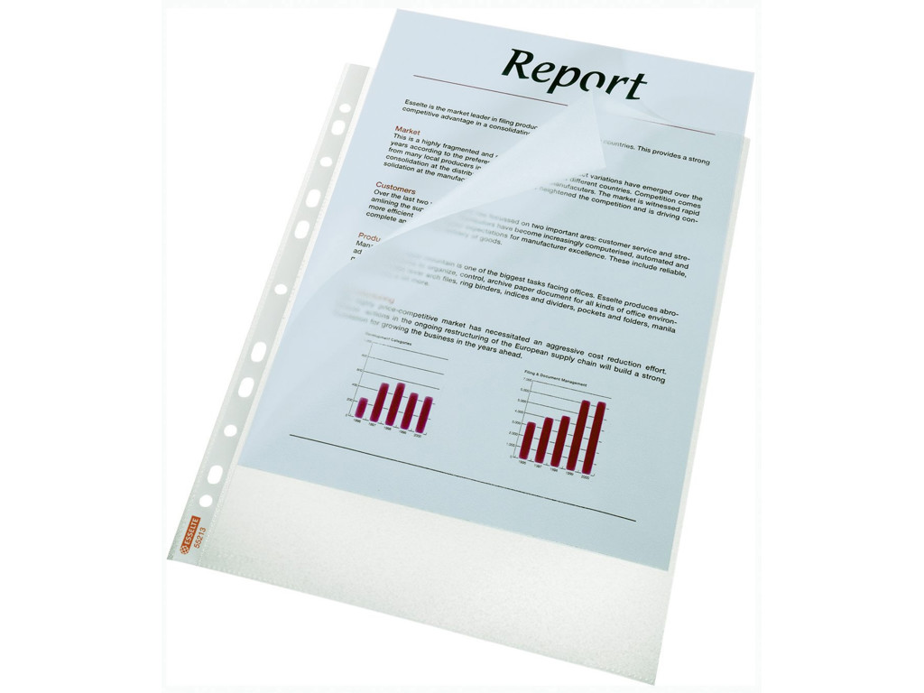 Plastlomme A4 Esselte 0,085 præg åben top+venstre 100 stk