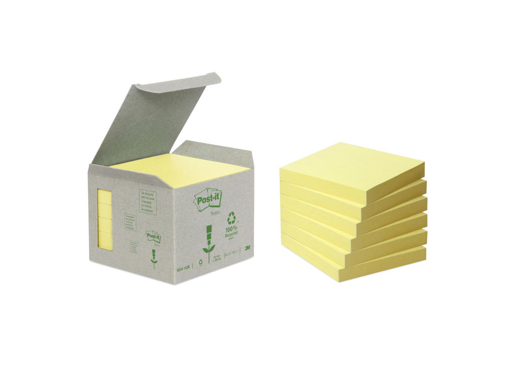 Post-it 76x76mm gul genbrug 6 blokke (654)