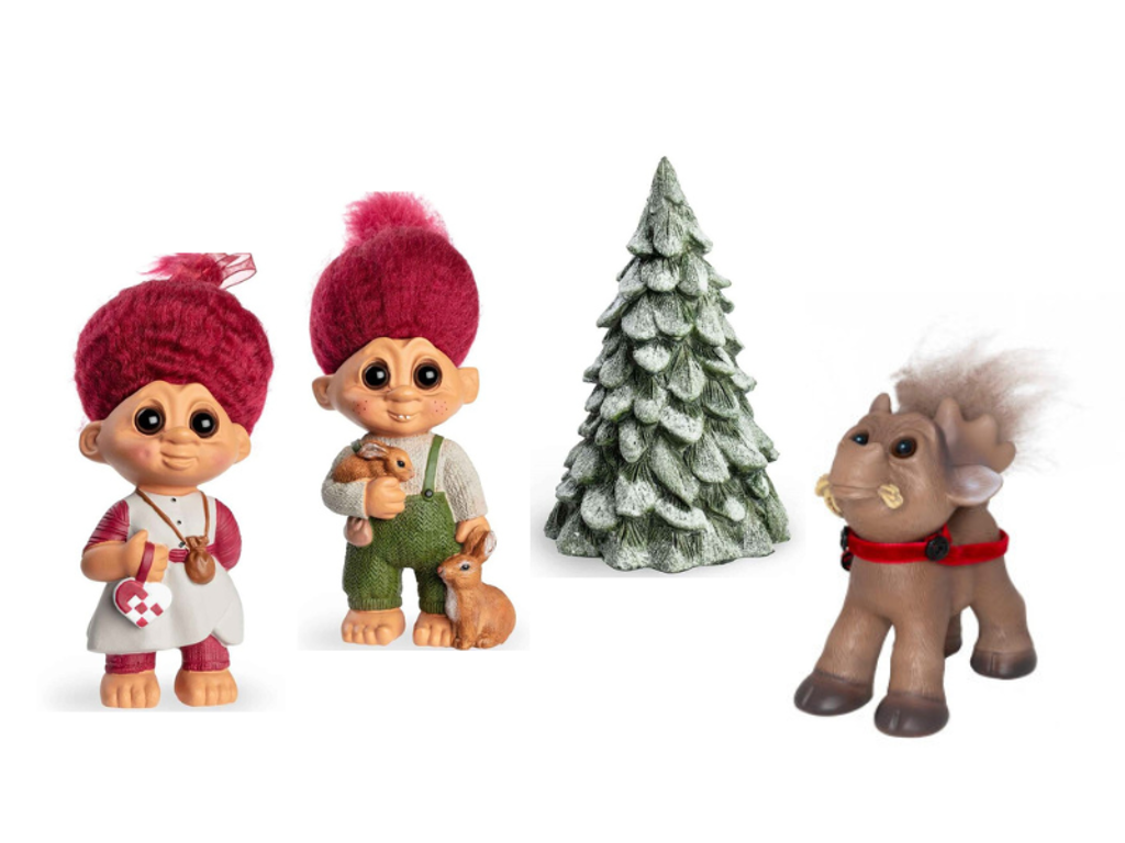 Lillesøster og lillebror af Grandam Familien samt træ og rensdyr