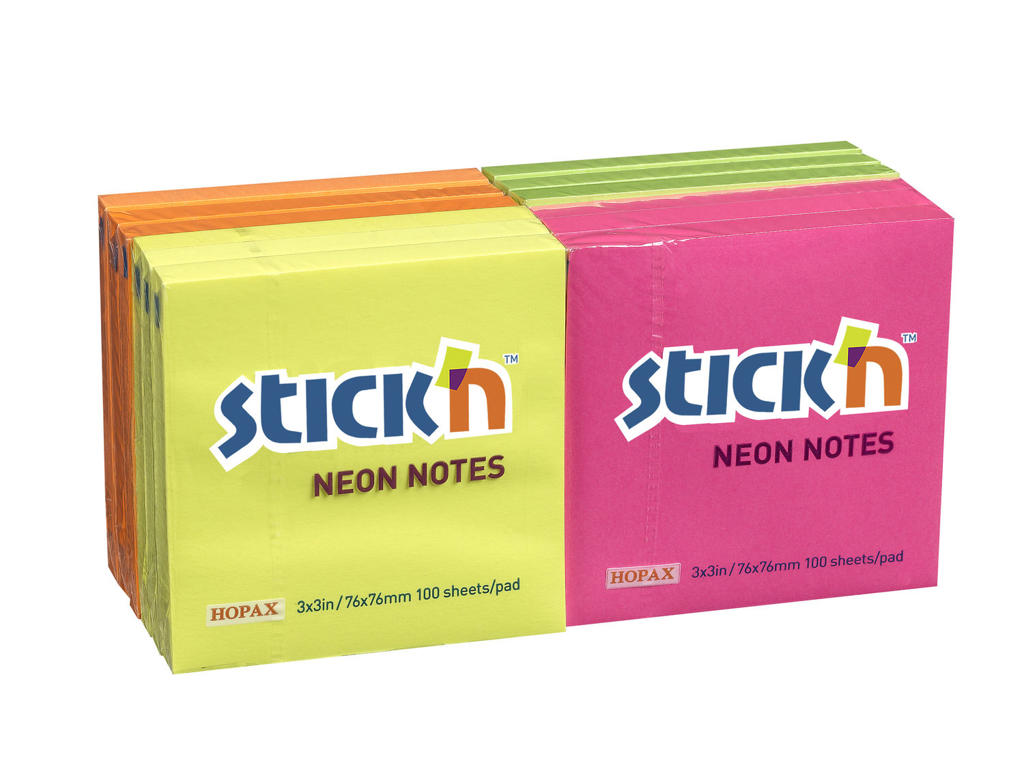 Notes Stick`N 76x76 mm Neon gul, blå,magenta, grøn 12 stk