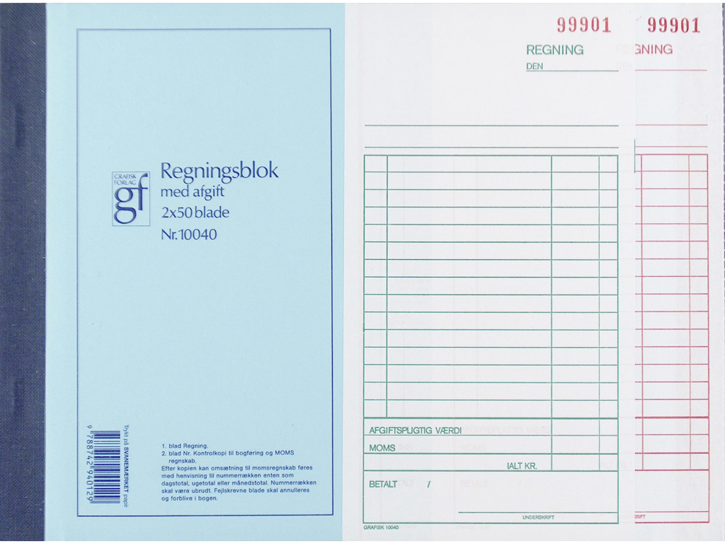 Regningsblok GF10040 108x200mm med moms 2x50 blade