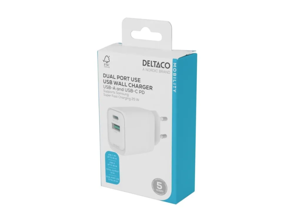 USB GaN wall charger 1xUSB-A 18, W 1x USB-C PD 30 W