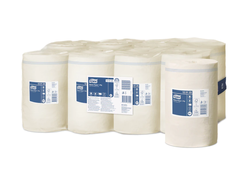 Aftørringspapir Tork M1 120123 Basic 1-lags hvid 11 rl.
