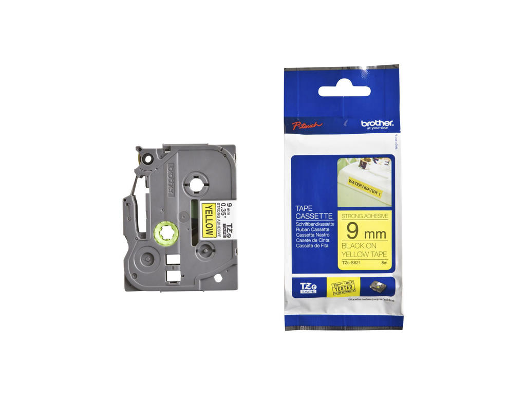 Brother tape TZeS621 9mm sort/gul stærkt klæbende