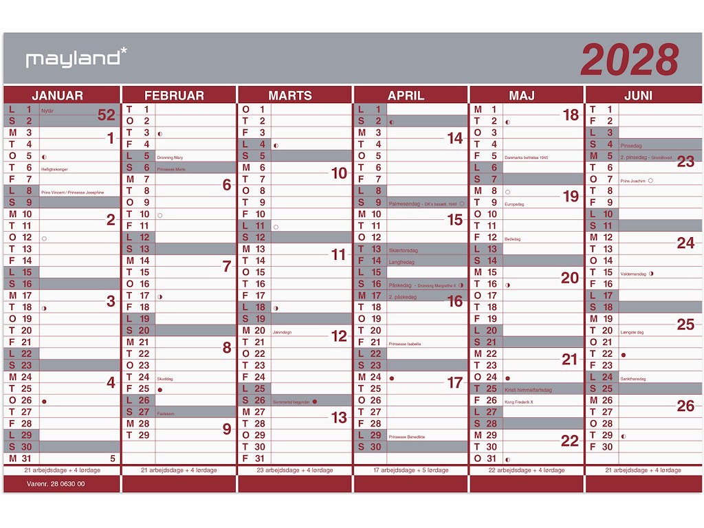 Kontorkalender Dobbelt halvårskalender 2028