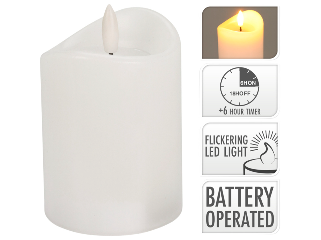 Bloklys LED 10 cm Ø7cm hvid med 3D flamme og timer 6/18