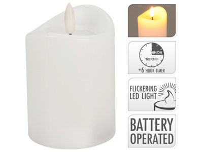 Bloklys LED 10 cm Ø7cm hvid med 3D flamme og timer 6/18