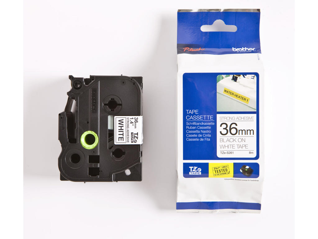 Brother tape TZeS261 36mm sort/hvid stærkt klæbende