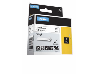 Dymo tape Rhino 12mm vinyl sort/hvid 18490