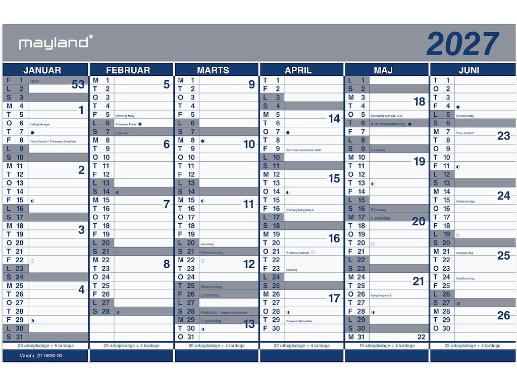Kontorkalender Dobbelt halvårskalender 2027