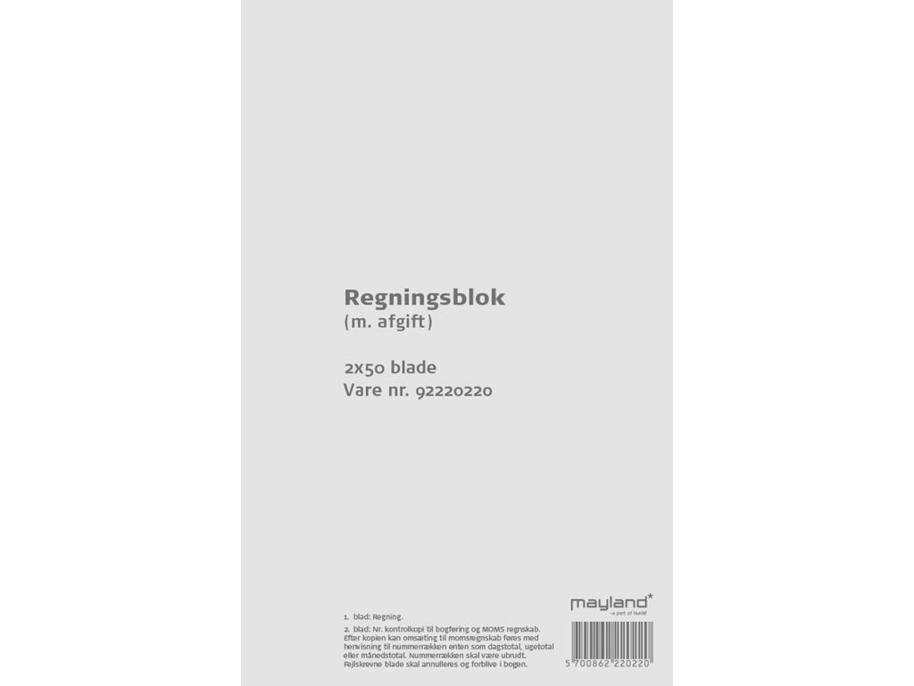 Regningsblok 92 2202 20 126x200mm med moms 2x50 blade