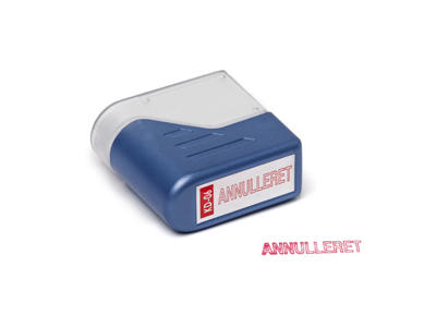 Stempel Deskmate med rød tekst ANNULLERET