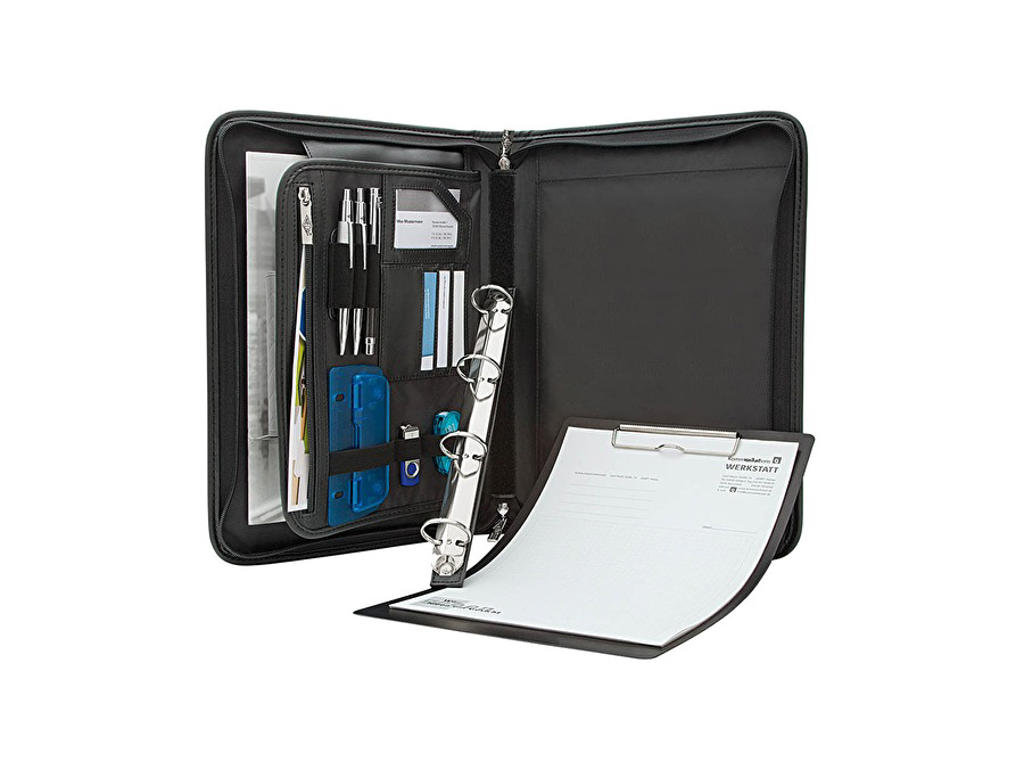 Salgsmappe A4 m/lynlås og aftagelige ringe og clipboard